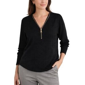 Soft Surroundings Black Zip-Front Knit Top | Career Chic | L